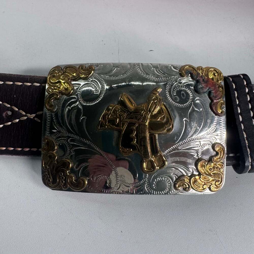 Vintage Cowboy Saddle Nickel Silver Cowboy Belt Buckle and Brown Woven Belt 45in